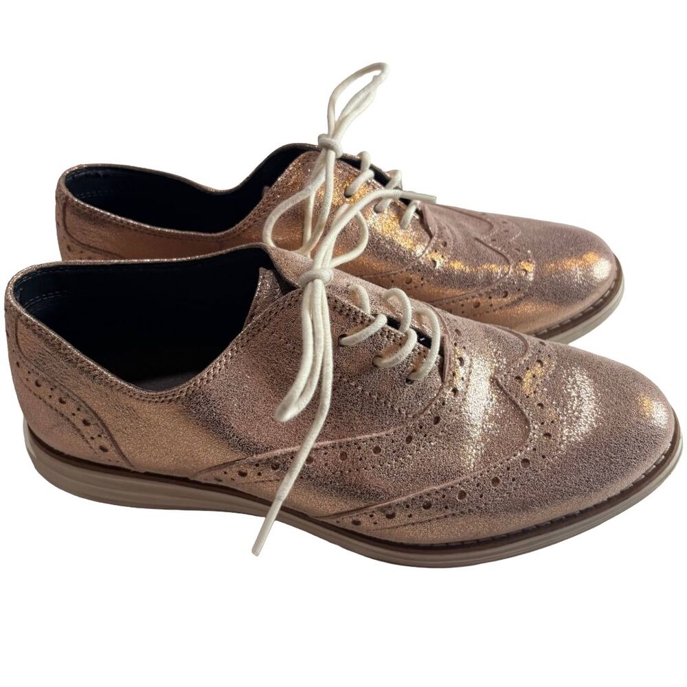 Cole Haan OriginalGrand Wingtip Oxford Womens 7.5B Rose Gold Metallic Leather - Picture 3 of 10